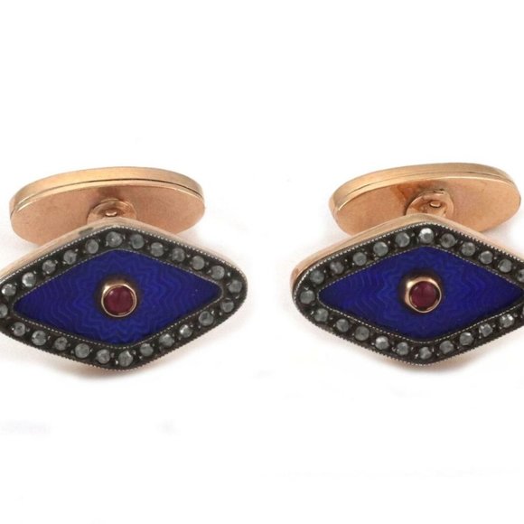 Old Russian RoseCut Diamond Ruby 14kGold Cufflinks - Picture 6 of 6